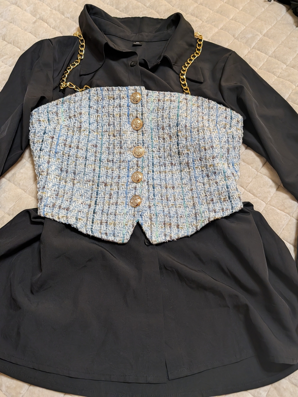 SHEIN Light Blue Tweed Bustier Top with Gold Chain Straps